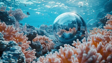 Wall Mural - Round glass submersible in vast underwater expanse near coral reefs.