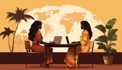 Wall Mural - two african american business women working on a laptop at a cafe on the beach. vector illustration