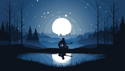 Wall Mural - Silhouette of a man sitting on the lake and playing guitar.