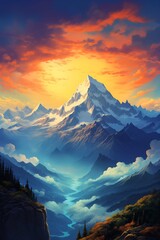Wall Mural - a majestic mountain landscape at dusk, featuring a vivid blue sky adorned with clouds reminiscent of burning fish scales