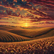 A rolling cornfield in the midwest at sunset