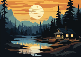 Wall Mural - Beautiful nature landscape with mountain lake and house at sunset. Vector illustration