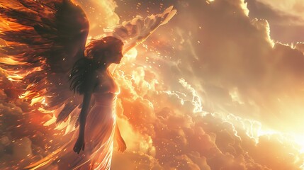 Wall Mural - A woman in a white dress is flying through the sky above a fiery cloud