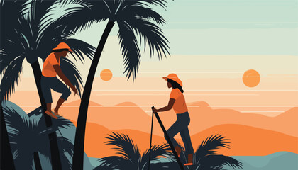 Wall Mural - Vector illustration of a woman working on a palm tree in the morning