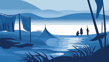 Wall Mural - Landscape with a man fishing in the lake. Vector illustration.