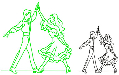 Salsa dance vector. Set of elegant couple dancing salsa. Retro style. Outline silhouettes of people dancing salsa and musicians playing Latin