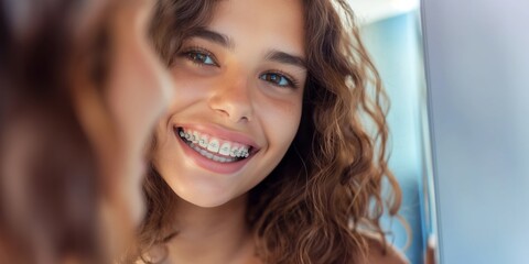 Cheerful teenage girl with braces smiling brightly, reflecting confidence and youth