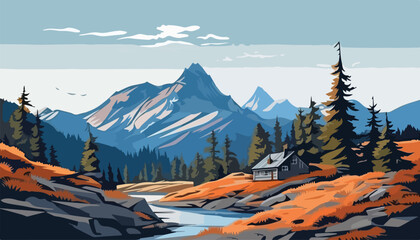 Wall Mural - Mountain landscape with lake, forest and house. Vector illustration.