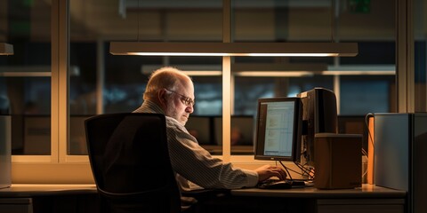 An older man working late at night in a dimly lit office, showcasing dedication or work pressure