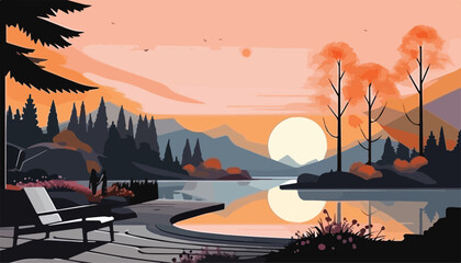 Wall Mural - landscape with lake, mountains and trees in the evening, vector illustration