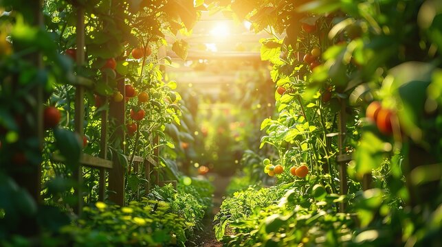 Sunny garden view with trellis and thriving vegetables.