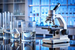 © fr_119 - Microscope and scientific equipments. Laboratory background. Technology, Research, Microbiology.