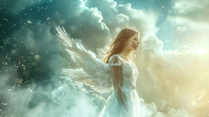 Wall Mural - A woman in a white dress stands in front of a cloud with wings
