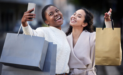 Sticker - Woman, shopping and happy selfie in city, online sales and friends laughing or smile for retail deal. Discount, excited and photo down town, blog and social media post on internet app with consumer