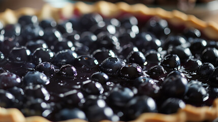 Wall Mural - Close-up of bubbling blueberry filling in a pie, heat and texture focus 