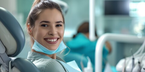 A cheerful young woman wearing a dental bib and mask sitting in the dental chair, radiating positivity at the dentist's office