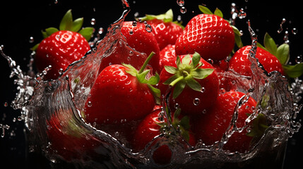 Wall Mural - Swirl water splash with strawberry and ice cubes. vitamin fruity drink, juice or beverage ads