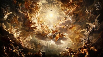 A painting of a heavenly scene with angels and a sun