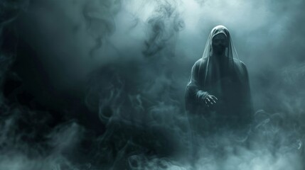 Poster - A ghostly figure sits in the mist, surrounded by smoke