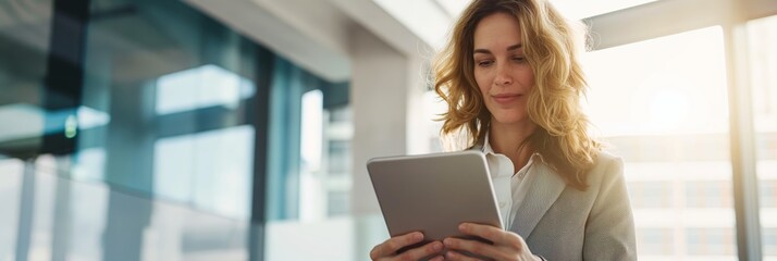 Professional woman in a business suit using a digital tablet with a sunlit modern office in the background