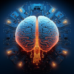 Wall Mural - Double exposure of a human brain overlaid on advanced technology glow, generative AI