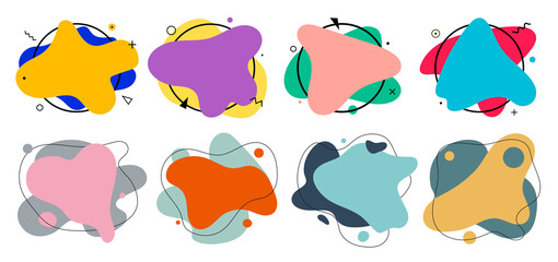 set of 8 abstract graphic liquid elements in memphis style. dynamical waves colored fluid shapes. is