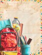 Colorful School Supplies and Stationery on Vintage Background