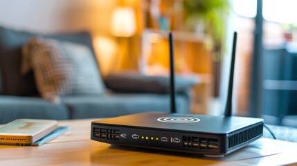 A white wireless router sits on a wooden table