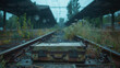 Old Rusty Suitcase on Abandoned Railway Tracks with Overgrown Plants and Foggy Station Background