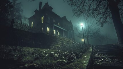 Wall Mural - A creepy house with a dark and foggy night