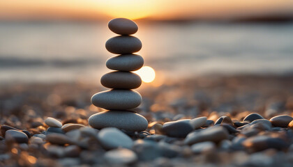 Wall Mural - Perfect balance of stack of pebbles at seaside towards sunset
