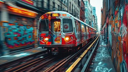 Naklejka na meble Red Subway Train Speeding Past Graffiti Walls in Urban Cityscape