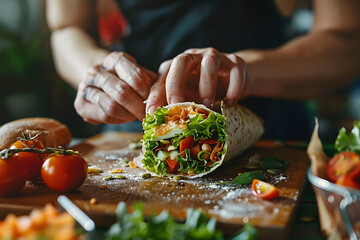 Canvas Print - a person's hands assembling a sandwich or wrap with fresh ingredients, ideal for representing quick meals, lunchtime, and on-the-go eating