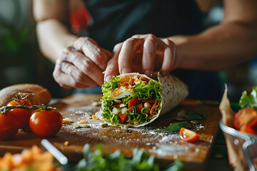 Wall Mural - a person's hands assembling a sandwich or wrap with fresh ingredients, ideal for representing quick meals, lunchtime, and on-the-go eating