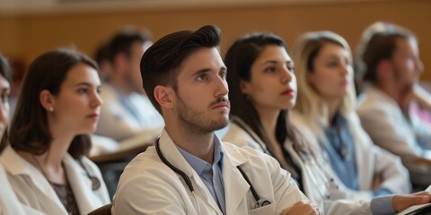 Canvas Print - Concentrated medical students listen intently to a lecture in a university classroom setting, investing in their education