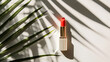 lipstick on a minimalist surface with shadow of palm trees