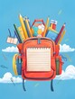 Colorful School Supplies and Accessories in Backpack on Cloudy Sky Background