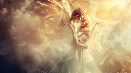 Wall Mural - A couple of angels are embracing each other in a cloud