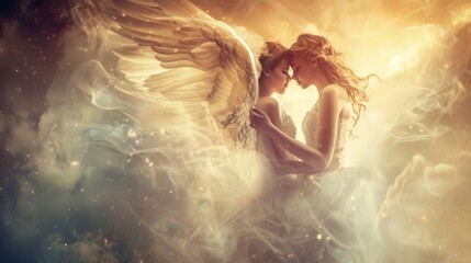 Wall Mural - A couple of angels are embracing each other in a cloud