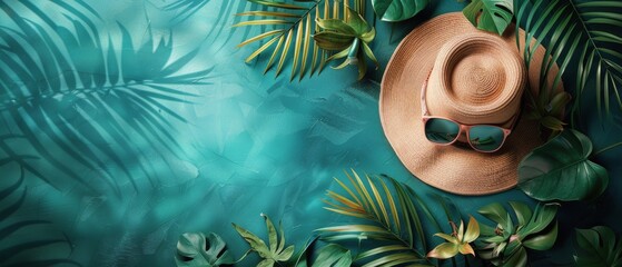 Poster - Hat, Sunglasses, and Palm Leaves on Blue Background