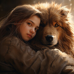 Wall Mural - Cute girl hugging her dog