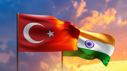 Wall Mural - Flags of India and Turkey. State symbols at sunset. India banner on flagpole. Turkey flag flutters in sky. Diplomatic relations between India and Turkey. Political symbols of two countries. 3d image