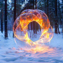 Sticker - A large, glowing, orange circle is in the snow. The circle is surrounded by a forest, and the snow is white. The circle appears to be a work of art, and it creates a sense of wonder and awe