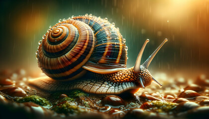 Brightly colored snails crawling in the rain