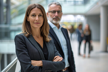 A pair of confident business professionals standing in a modern office tower.