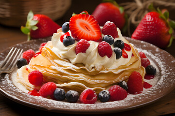 Wall Mural - Gourmet Crepe with Berries and Chantilly Cream for Valentine's Day - Close-up photo of a luxurious crepe filled with fresh berries Generative Ai,