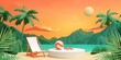 cartoon illustration of a beach scene with a lounge chair, flip-flops and a ball on a white podium in front of palm trees, green mountains and an orange sky Generative AI