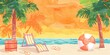 A beach scene with palm trees, lounge chairs, and flipflops on the sand A tropical ball is lying next to it for product presentation in flat design style, with an orange background Generative AI