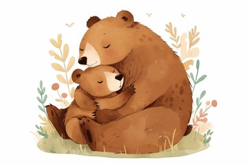 an illustration of mother and baby bear in watercolor style