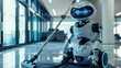 The picture of the robot that working as vacuum cleaner inside the indoor building to clear and clean the floor, the cleaning is the type of the household chore require knowledge and detailed. AIG43.